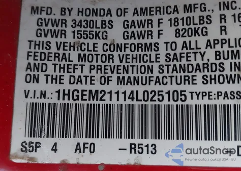 2004 Honda Civic Vp z USA, uszkodzony, nr VIN 1HGEM21114L025105